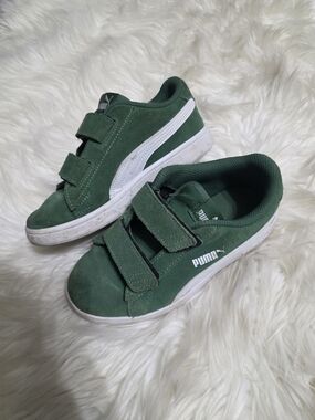 Puma Kids Green Suede Velcro Sneakers with White Stripe